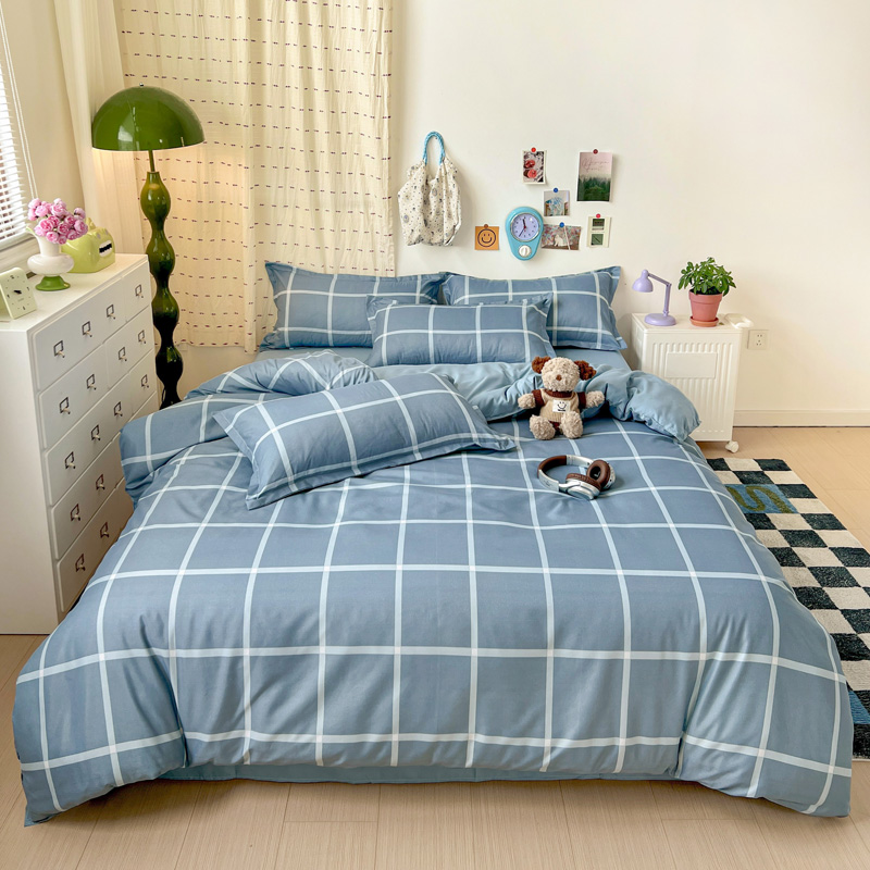 Linen Duvet Cover - 4 STKS Lichtblauw Raster Beddengoed Set