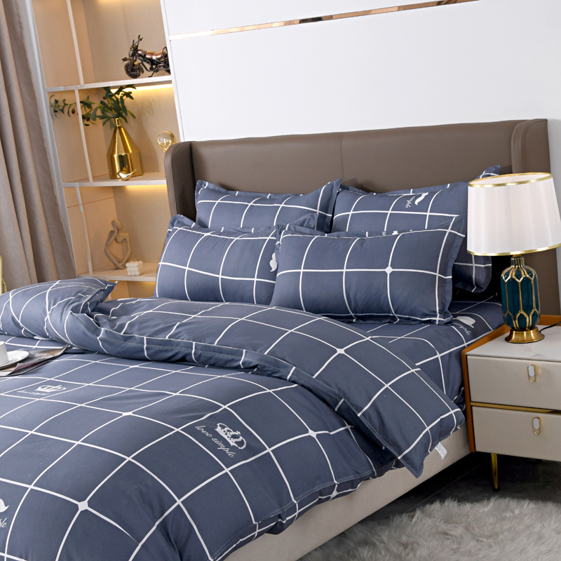 Linen Duvet Cover - 4-delige marineblauwe beddengoedset met ruitpatroon, zacht